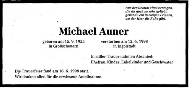 Auner Michael 1925-1998 Todesanzeige